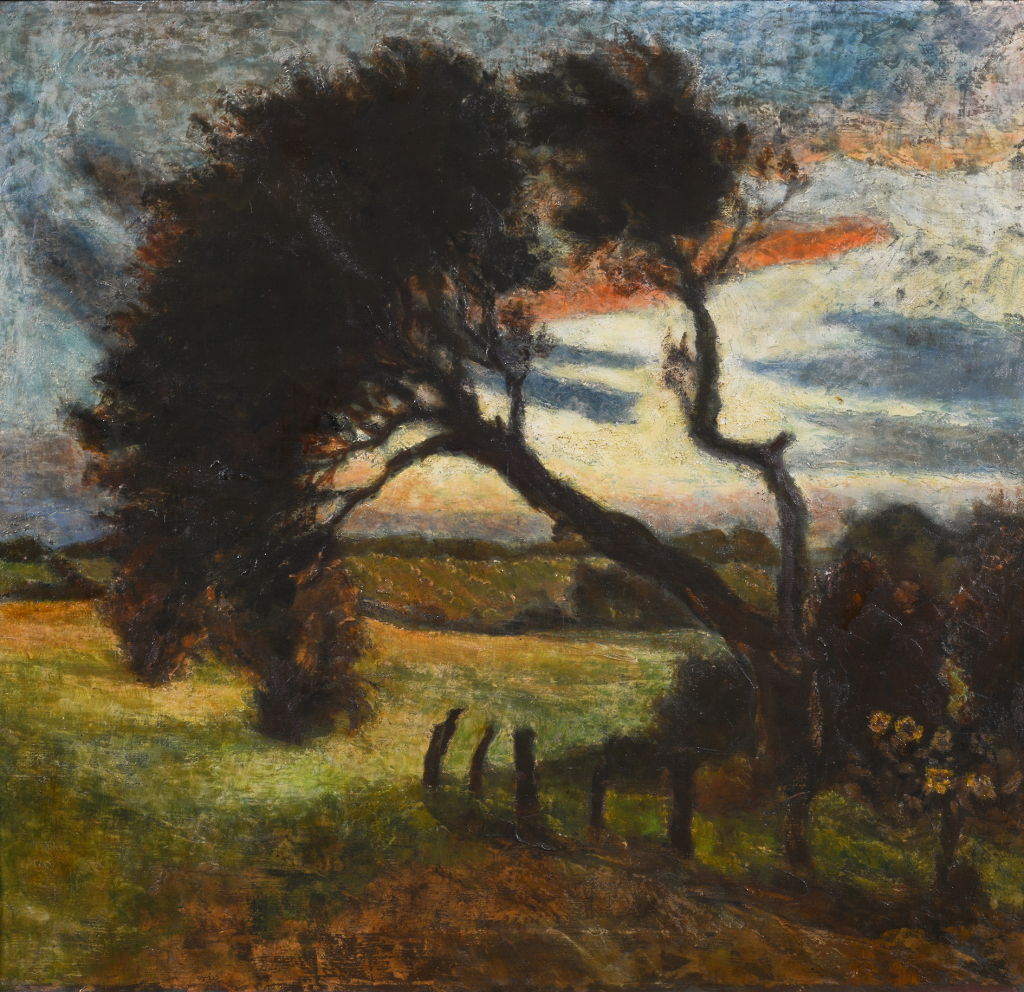 Abendlandschaft mit großem Baum, 1948 oder 1949, Öl auf Leinwand, 65,4 x 70 cm, verso vom Nachlass bez. u. (unleserlich) datiert, Privatbesitz