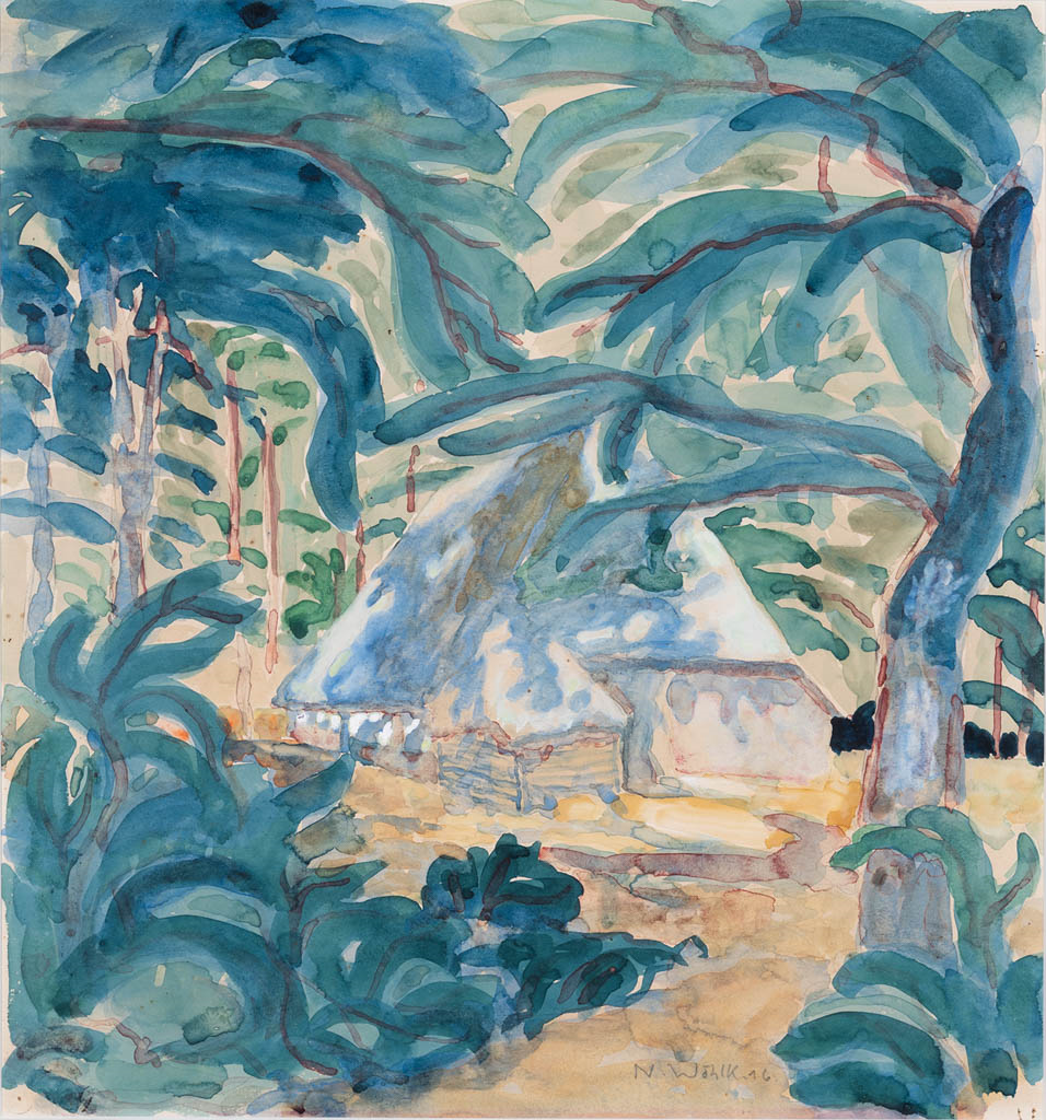 Hütte im Wald, 1916, Aquarell auf Papier, 34,5 x 32,3 cm (Passepartout-Ausschnitt), bez. u. m.: N. Wöhlk 16, Privatbesitz