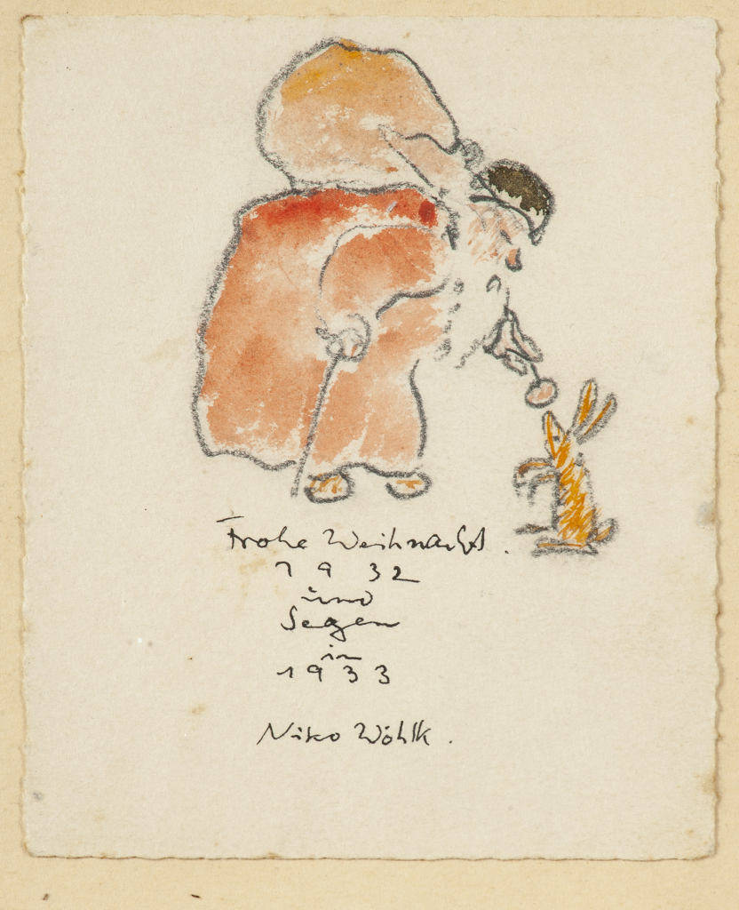 Weihnachtsgruß (Weihnachtsmann mit Hase), 1932, Aquarell u. Kohle auf Papier, 11,8 x 8,9 cm, bez. u. m.: Frohe Weihnacht / 1932 / und / Segen / in 1933 / Niko Wöhlk, Privatbesitz